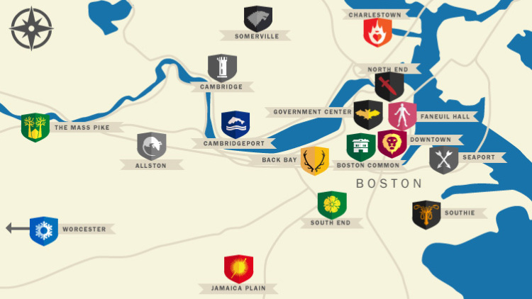 Mapping Westeros onto Boston & Environs, by Michelle Forelle. Click for source.