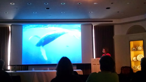 Scuba diving poet Marie Elizabeth Mali reads against a backdrop of her photography.