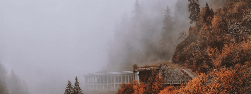 A foggy mountain valley, with trees ascending the right side, as a pale covered bridge vanishes into the mist. Likely in the Alps.